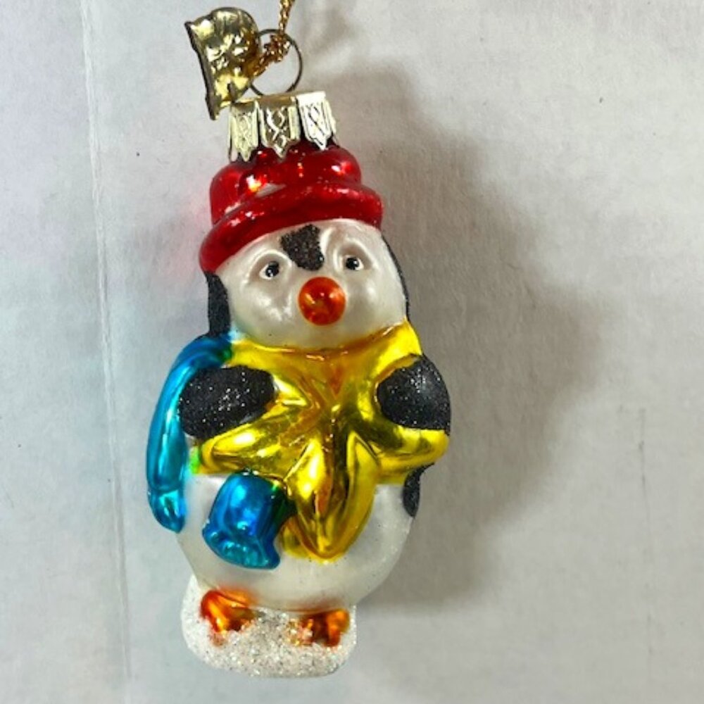 VTG Glitter Penguin Holiday Christmas Blown Glass Tree Ornament 1.5"x3.5"